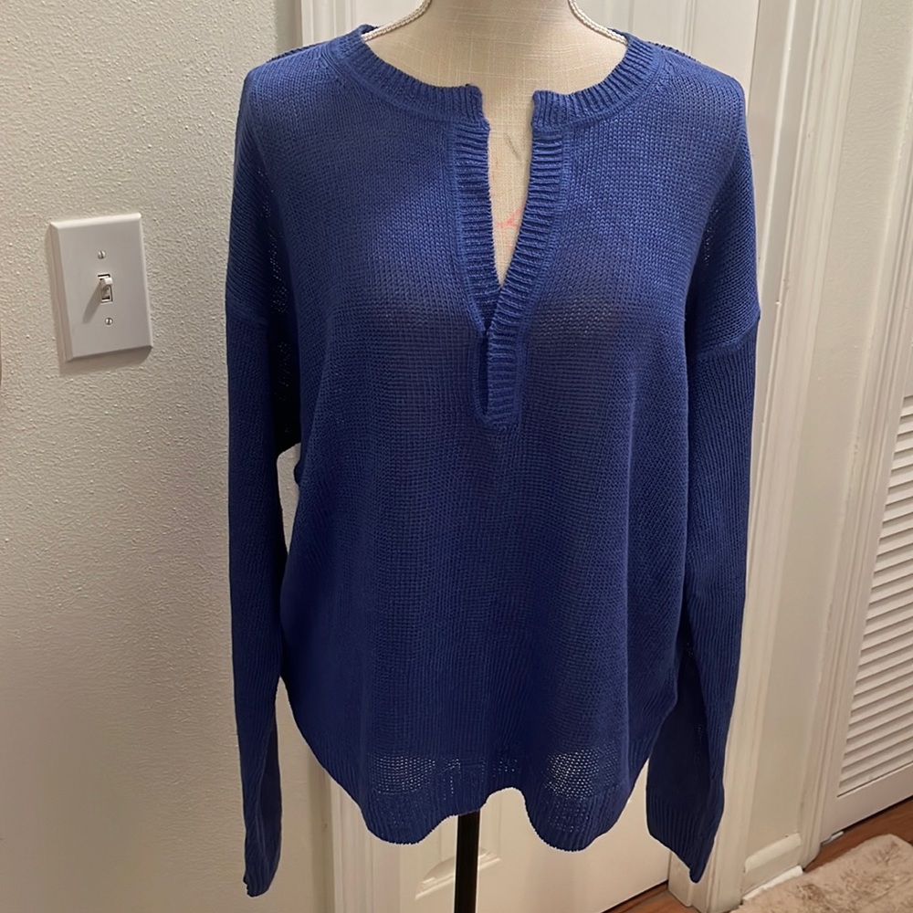J. Crew sweater 100% Linen v-neck open knit blue long sleeve